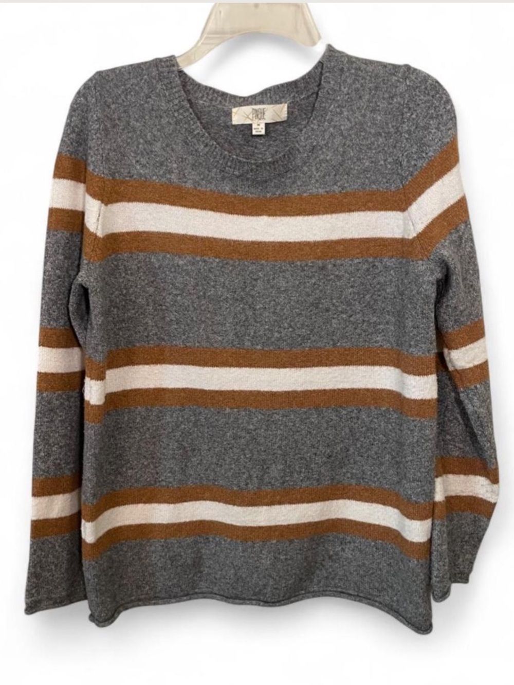PINQUE Gina Crew Neck Multicolor Striped Pullover Sweater Cozy Fall Colors Size